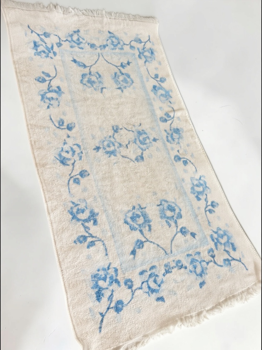 Vintage Blue Floral Hand Towel 40x22 Fringed Retro Bathroom Cottagecore